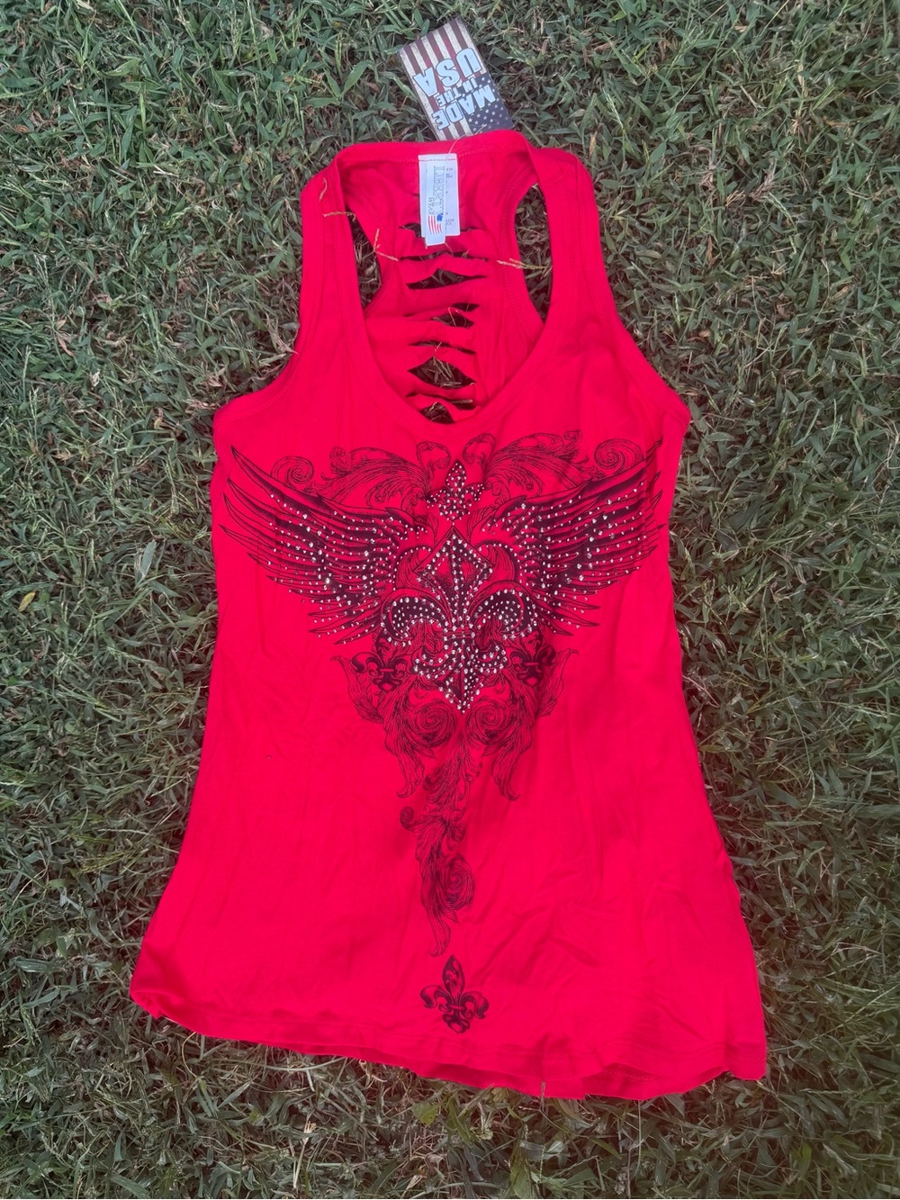 liberty Red Studded Fleur-de-Lis Wing Tank
